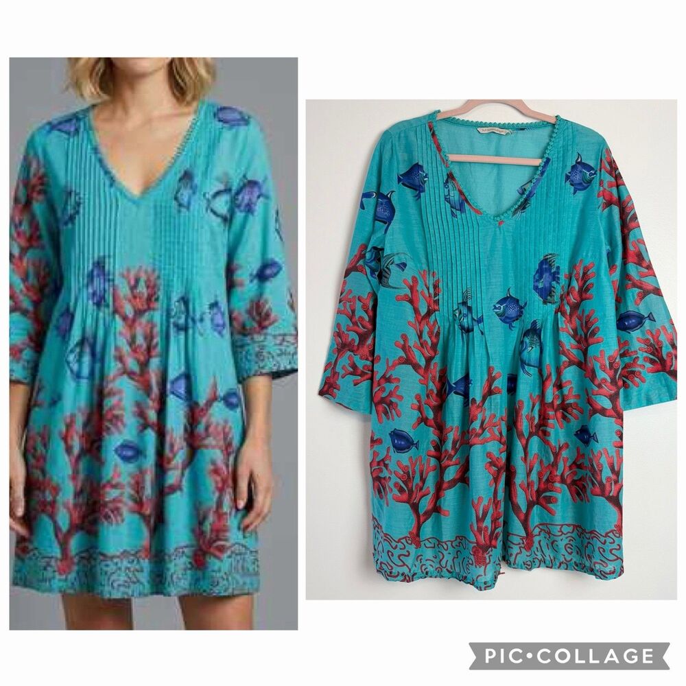 Soft Surroundings Seychelles Fish Coral Dress Turquoise Red Women’s PM
